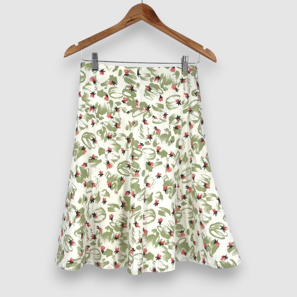 Anthropologie Elevenses Green and Pink Watercolor Floral A-Line Skirt Size 4 - Picture 4 of 7